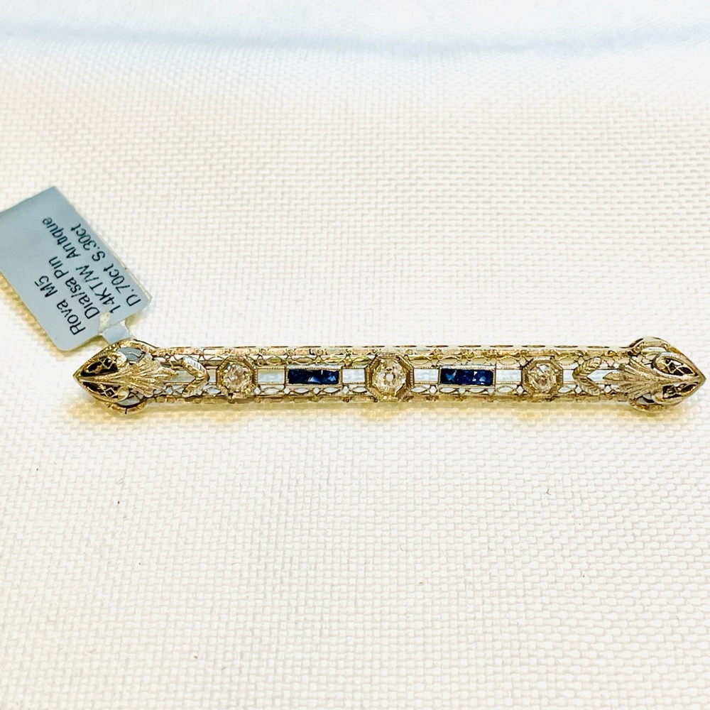 Antique Art Deco 14k Gold Filigree with Sapphire And Diamond Bar Pin Brooch